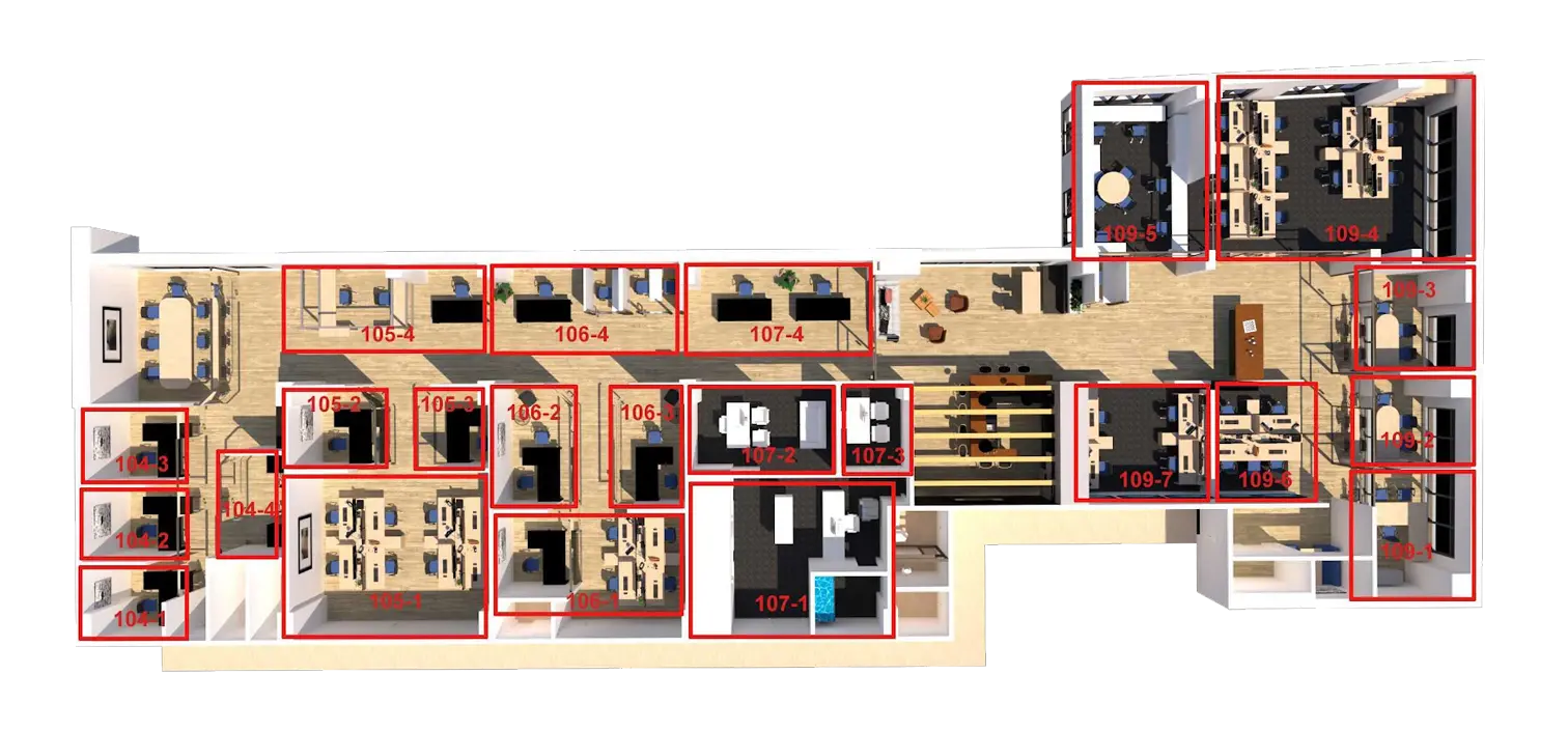 Floor plan layout of 2727 Coworking office space showing private offices, hot desks, and common areas