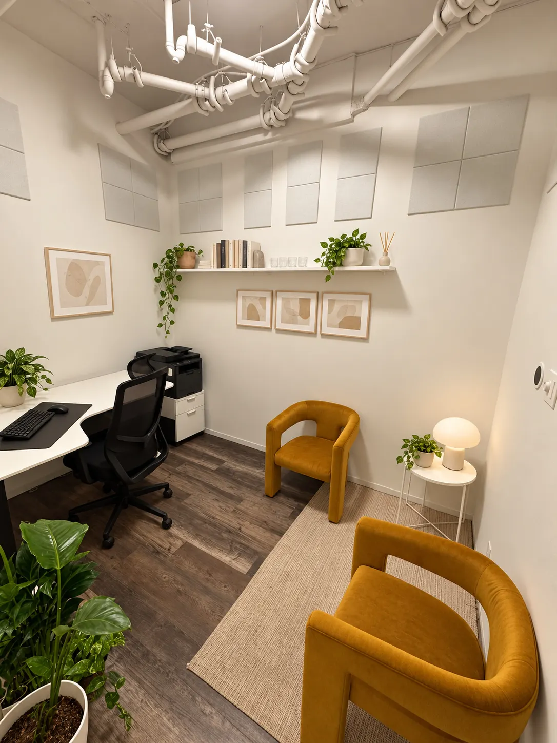 Bureau privé 104-4 au 2727 Coworking, Griffintown : bureau blanc et fauteuil en filet, deux fauteuils moutarde sur un tapis tissé, tablette de livres et cadres