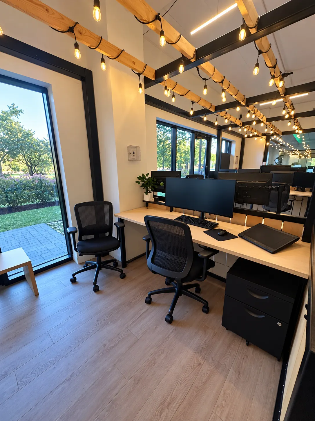 Poste dédié 105-GH au 2727 Coworking, Griffintown : large bureau en bouleau et chaises noires en filet près d'une grande fenêtre, poutres de bois illuminées le long de la rangée