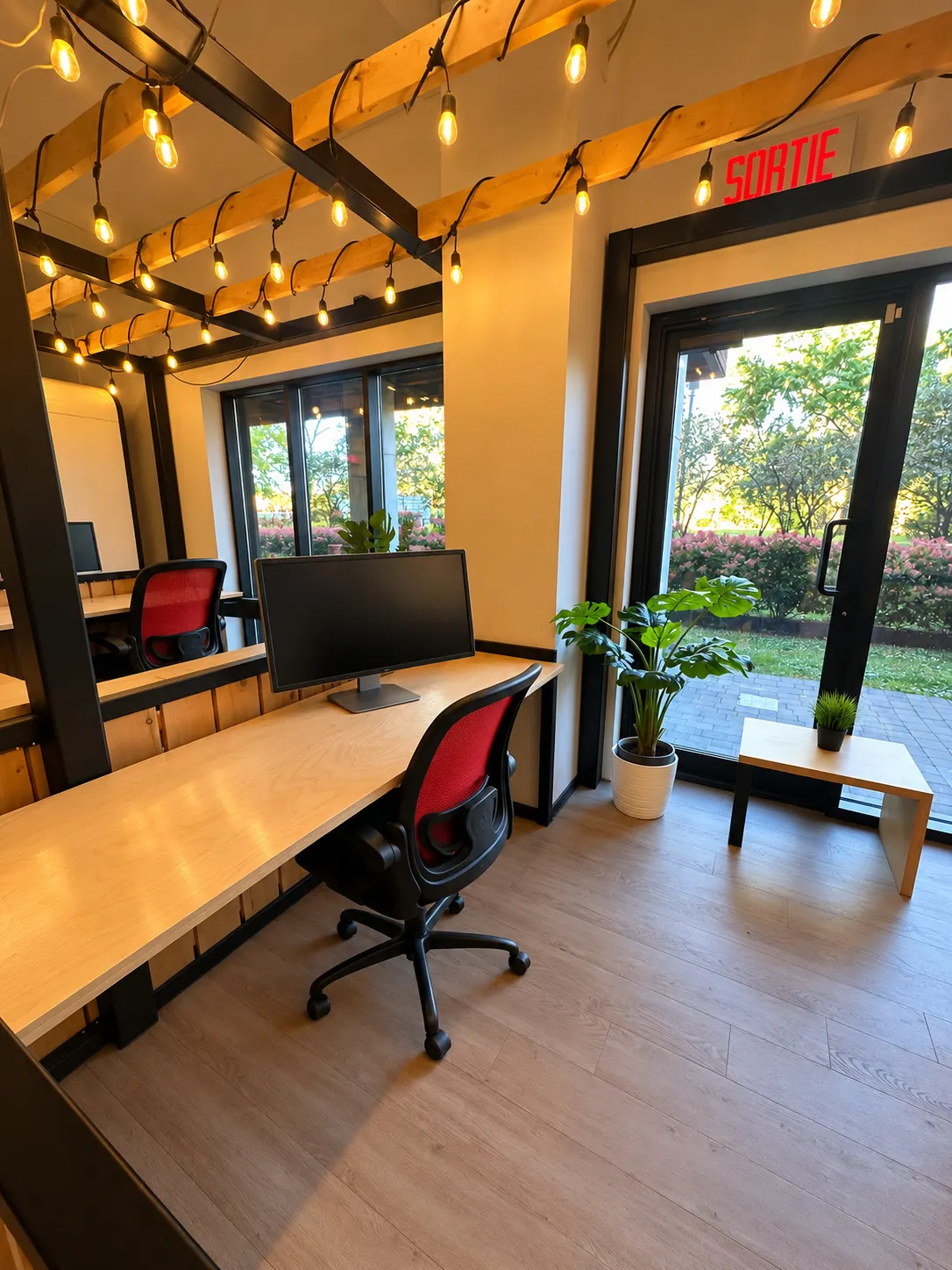 Poste dédié 106-EF au 2727 Coworking, Griffintown : bureau en coin en bouleau, chaise rouge en filet, monstera et porte vitrée donnant sur les arbres et les arbustes