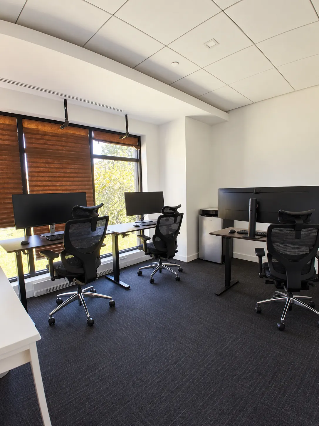 Bureau privé 109-1 au 2727 Coworking, Griffintown : bureaux noyer et chaises en maille à dossier haut le long d'une grande fenêtre à stores plissés, arbres à l'extérieur.