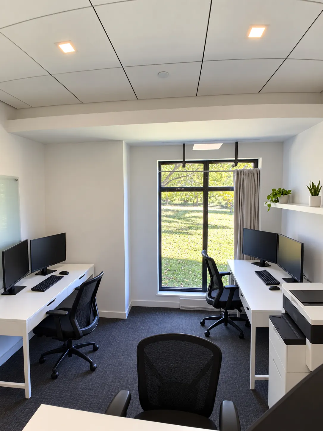 Bureau privé 109-2 au 2727 Coworking, Griffintown : bureaux blancs sur deux murs face à une grande fenêtre avec rideau de lin, pelouse et arbres à l'extérieur.