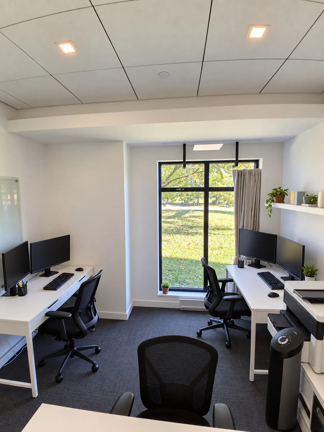 Bureau privé 109-3 au 2727 Coworking, Griffintown : deux bureaux blancs face à face sous une grande fenêtre à rideau, avec une tablette de plantes et du gazon dehors.