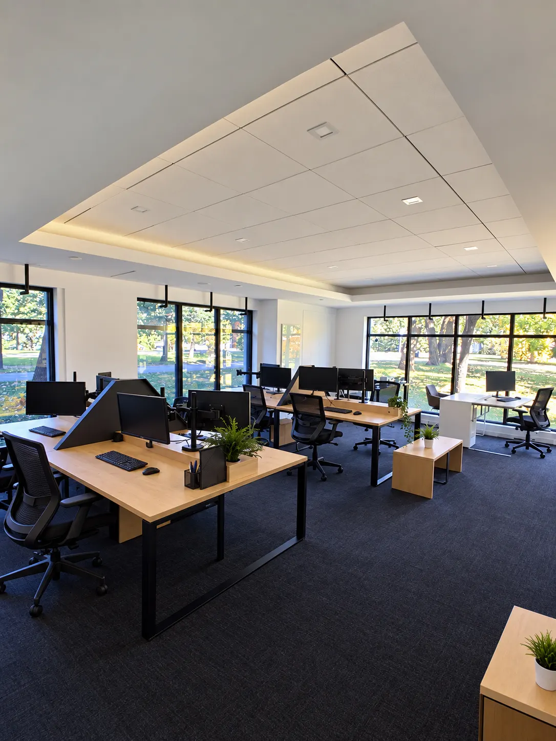 Bureau privé 109-4 au 2727 Coworking, Griffintown : îlots de bureaux en chêne avec écrans d'intimité sous un plafond à caissons, fenêtres sur deux murs donnant sur de grands arbres.