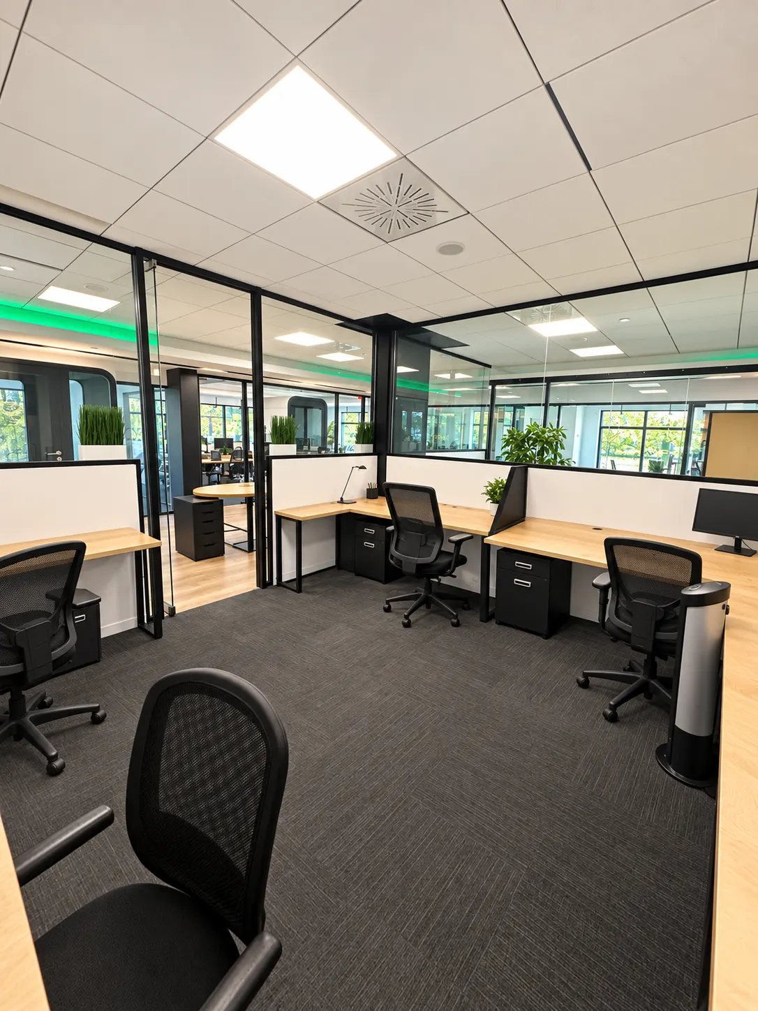 Bureau privé 109-7 au 2727 Coworking, Griffintown : plan de travail en chêne et caissons noirs derrière un muret blanc, avec des parois vitrées et l'étage au-delà.