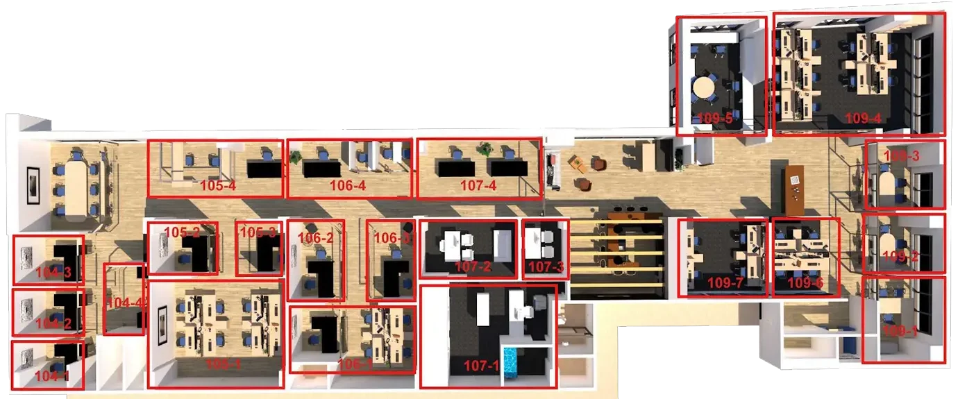 Plan d’étage du 2727 Coworking, local 109 : bureaux 104 à 109 et postes de travail