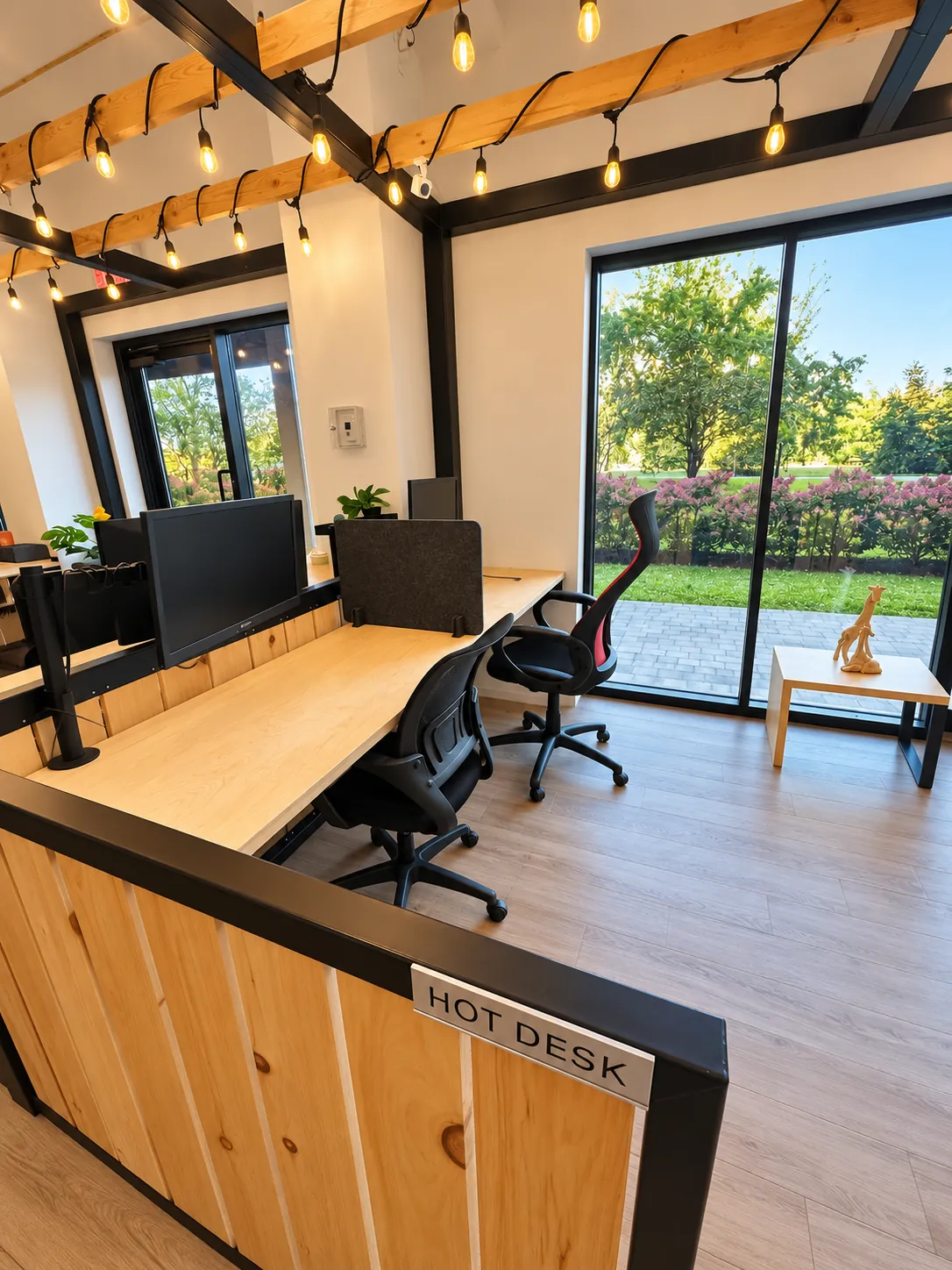 Hot desk area at 2727 Coworking, Griffintown: birch desks with monitors along floor-to-ceiling windows onto trees and a patio, behind a pine half-wall with a HOT DESK sign